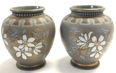 Lot 328 - A pair of Lambeth Doulton silicon ware vases,...