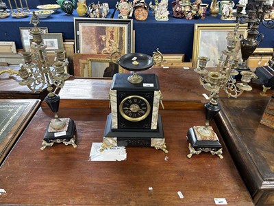 Lot 390 - Late 19th Century clock garniture complete...