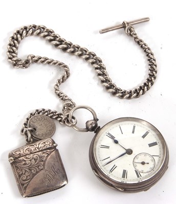 Lot 354 - A silver pocket watch with silver albert chain...