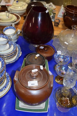 Lot 182 - Mixed Lot: Stone ware jars, large red glass...