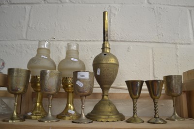 Lot 528 - Mixed brass candle stand, goblets, brass lamp...