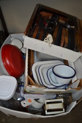 Lot 708 - Mixed lot of kitchenalia, enamel pans, shoe...