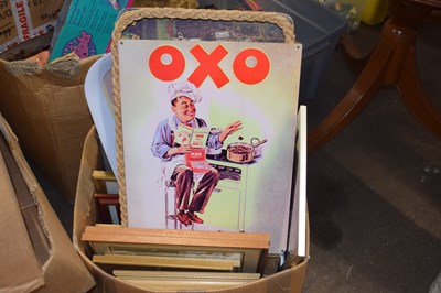 Lot 854 - Mixed box of prints, Oxo metal sign etc