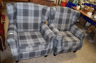 Lot 279 - Pair of grey tartan upholstered armchairs