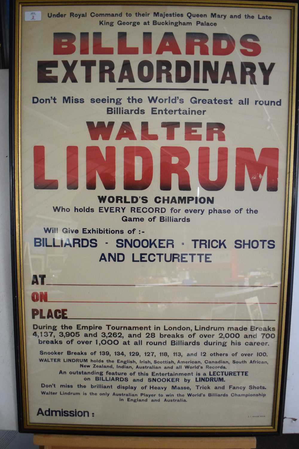 Lot 2 - Advertising poster - Billiards Extraordinaire...