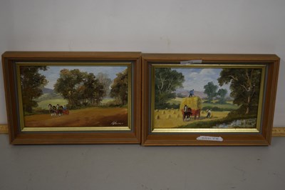 Lot 94 - Pair of small oils, farming scenes with horses,...