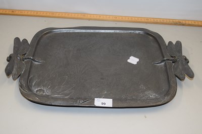 Lot 99 - A pewter tray with dragonfly formed handles,...