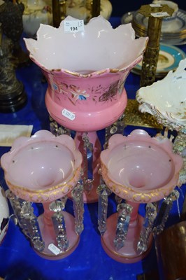 Lot 194 - Pair of pink glass table lustres with clear...