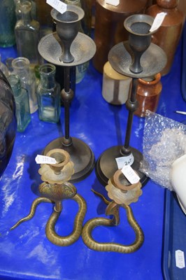 Lot 247 - Pair of Indian Cobra candlesticks plus a...