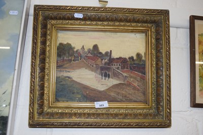 Lot 353 - Study of a town scene with river bridge, oil...