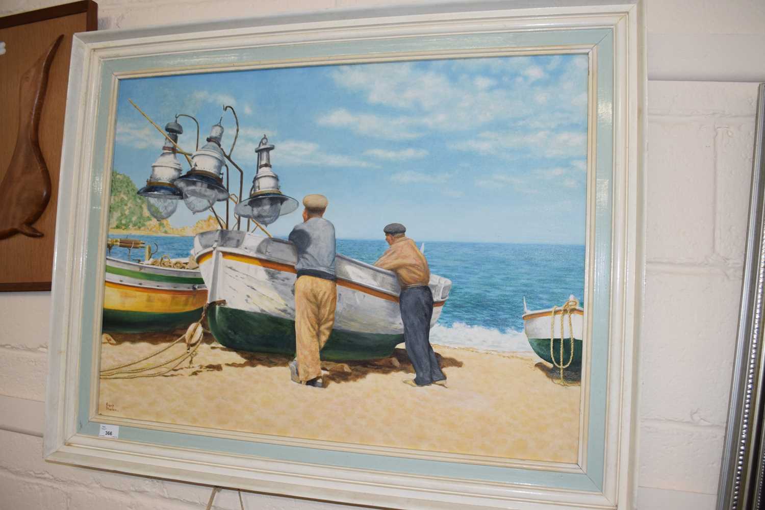 Lot 366 - Frank Markin, beach scene with fishermen, oil...