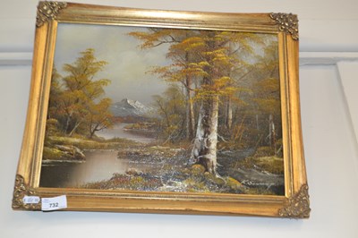 Lot 732 - Woodland river and mountainous scene, oil on...