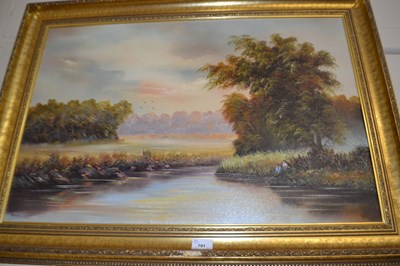 Lot 791 - Children fishing on a river by K Hammond, oil...