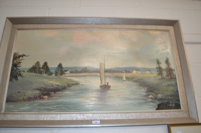 Lot 794 - Boats on a river by J Booth, oil on board,framed