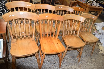 Lot 439 - Set of six beech wood kitchen chairs together...