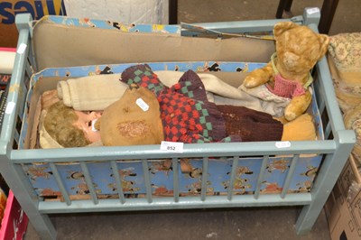 Lot 852 - Blue painted children's toy cot and soft toys