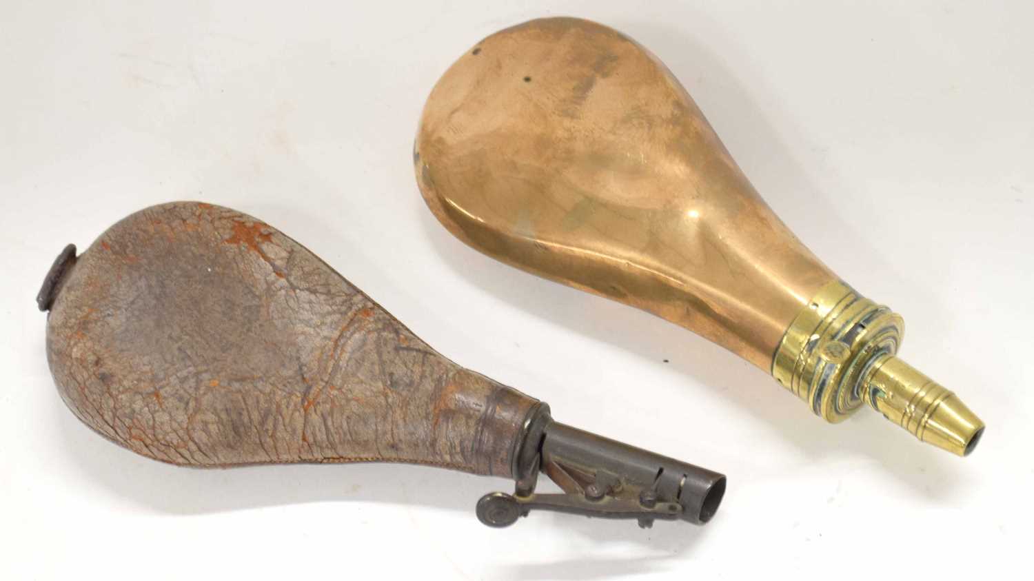 Lot 63 - Copper and brass Battie patent powder flask,...