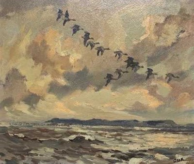 Lot 42 - Jack Cox (British,1914-2007), Ducks alighting...