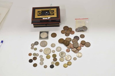 Lot 112 - Small metal cash tin containing various...