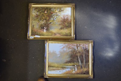 Lot 545 - Pair of countryside scenes with children, oil...