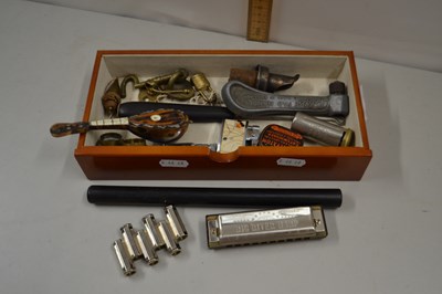 Lot 93 - Box containing mouth organ, cigarette lighter,...