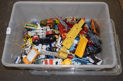Lot 602 - Box of assorted toy trucks, lorries, cars etc,...