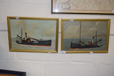 Lot 674 - Two framed pictures of fishing boats, oil on...