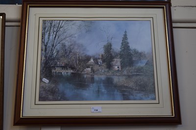Lot 738 - Cottage by a river, reproduction print, framed...