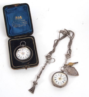 Lot 356 - Two white metal lady's pocket watches and a...