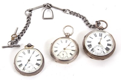 Lot 359 - Three silver pocket watches and a chain, all...