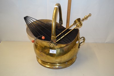 Lot 33 - Brass coal bucket, fire tongs and a retro wire...