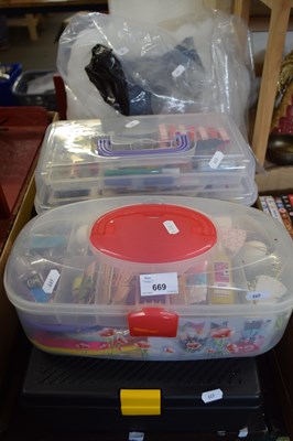 Lot 669 - Three work boxes plus bag of various crafting...