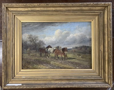 Lot 31 - English school, Plough horses and hunt, oil on...