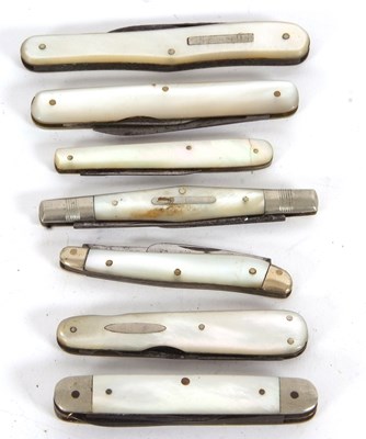 Lot 246 - Group of seven mother of pearl handled folding...