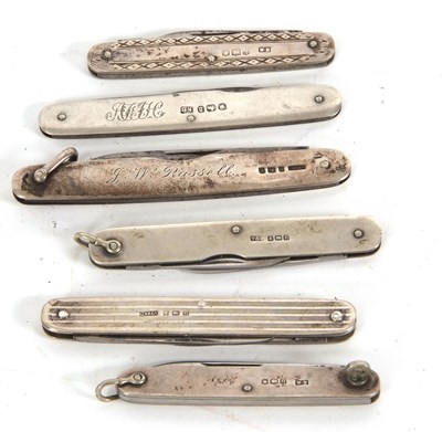 Lot 256 - Group of six hallmarked silver cased penknives,...