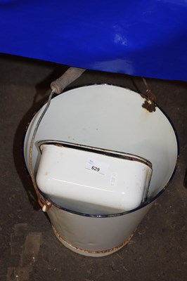 Lot 629 - White enamel bucket and rectangular tin and lid