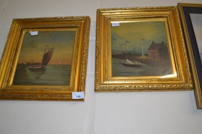 Lot 759 - Pair of boating scenes, oil on canvas in gilt...