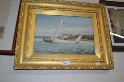 Lot 762 - Boats on the water, oil on board, gilt frame