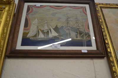 Lot 763 - Primitive needlework picture of boards at sea