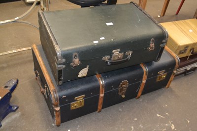 Lot 877 - Large wooden bound travelling trunk and...