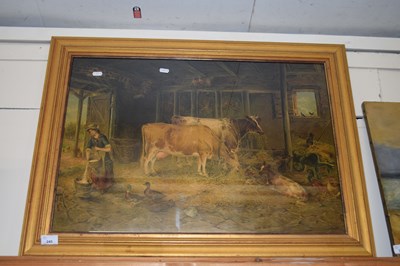 Lot 245 - Oleograph study of barn interior with cattle...