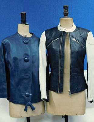 Lot 95 - Two leather jackets, one black and cream biker...