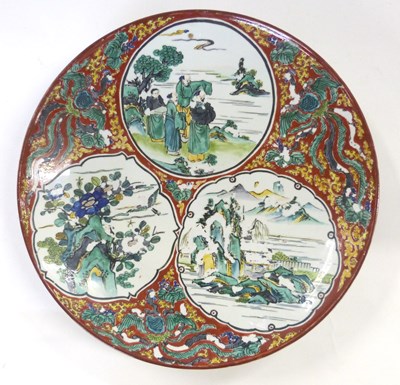 Lot 337 - Oriental pottery dish with three panels of...