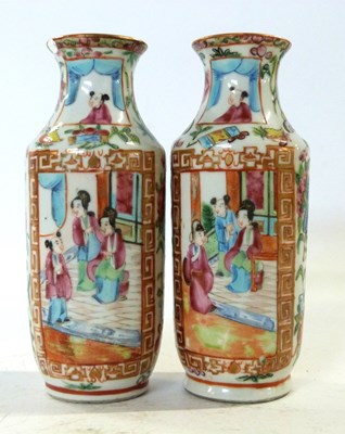 Lot 345 - Small pair of Cantonese porcelain vases with...