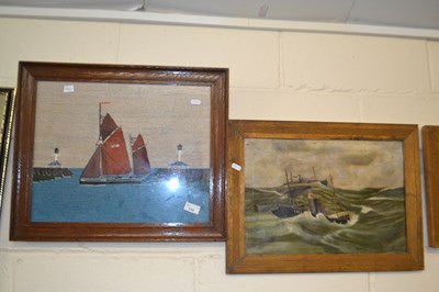 Lot 219 - Needlework picture of a boat leaving harbour...