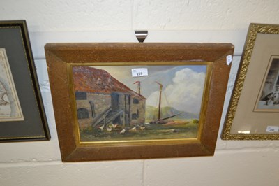 Lot 229 - Farmyard scene with boat beyond, oil on board,...