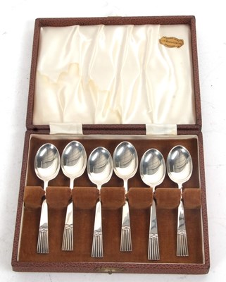 Lot 252 - Cased set of six Modernist silver teaspoons,...