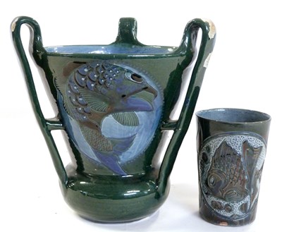 Lot 377 - C H Brannam pottery fish vase and beaker with...