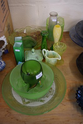 Lot 619 - QUANTITY OF GREEN GLASS WARES, BOWLS, VASES ETC