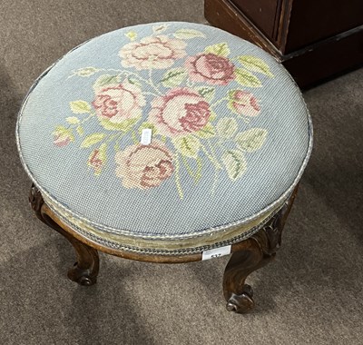 Lot 537 - Victorian circular stool with rose tapestry...